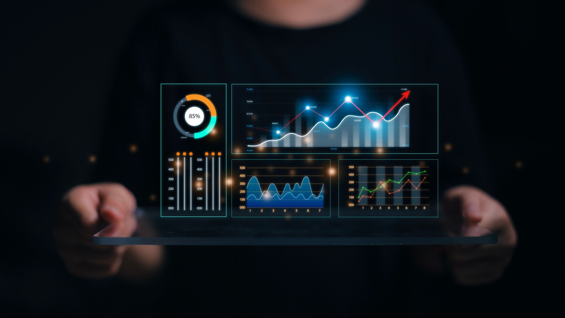 Data analyst working on business analytics dashboard with charts, metrics and KPI to analyze performance and create insight reports and strategic decisions for operations management on virtual screen.